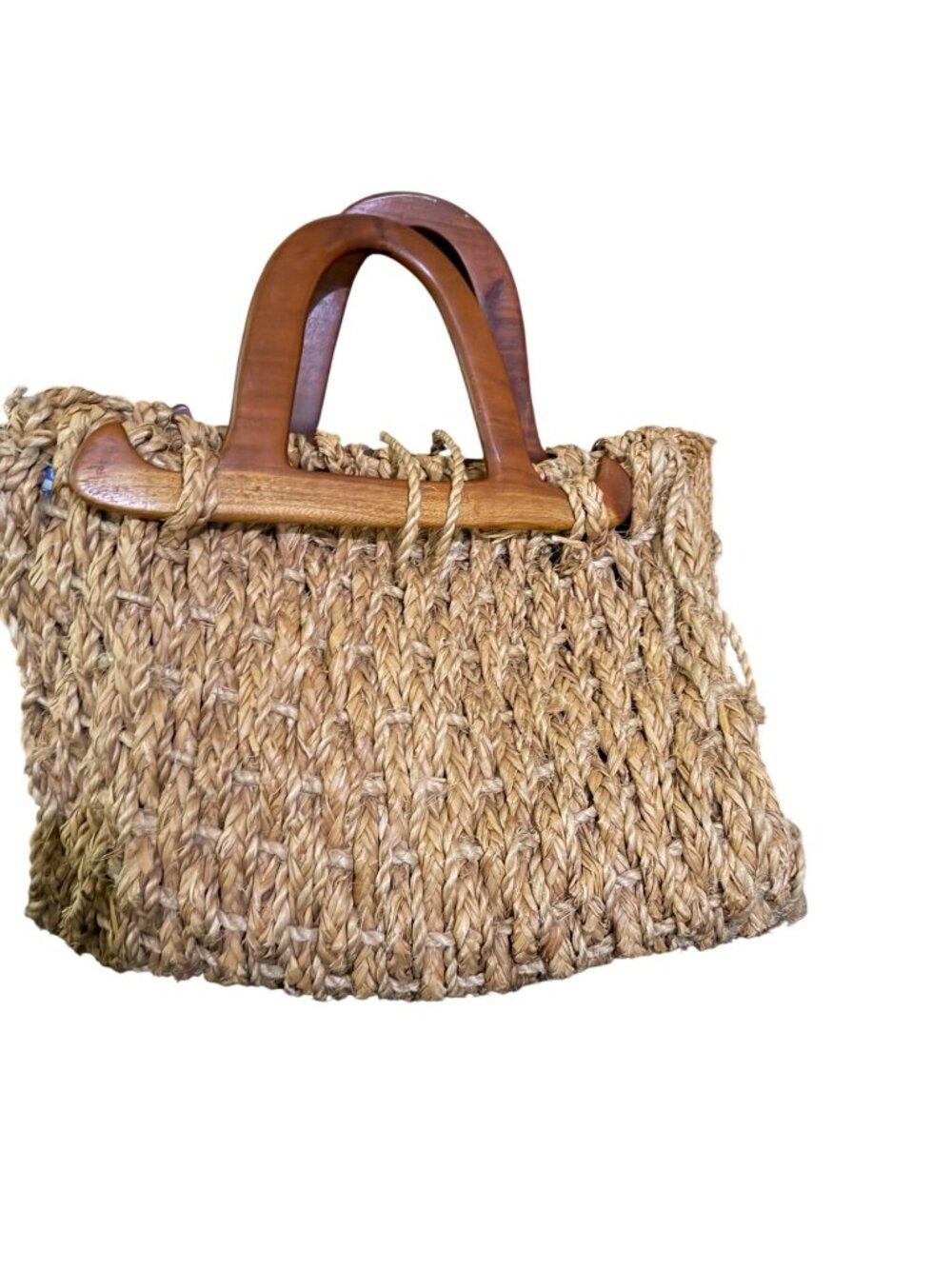 Vintage Woven Straw Handbag With Wooden Handles & Button Loop Closure - Picture 4 of 8